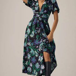 By Anthropologie Puff-Sleeve V-Neck Printed Midi Dress Buttondowon S